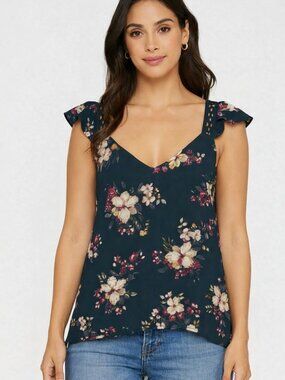 Sweet Wanderer Green Floral Tank Top Medium Ruffle Lace Trim Boho Sleeveless